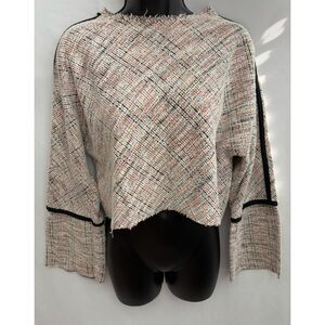 Zara Tweed Multicolor Top Wide Sleeve Crop Knit Light Sweater Size S Artsy